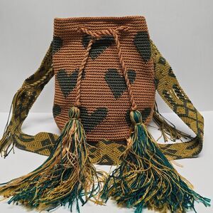 Mochila Wayuu Heart Pattern Hand Crochet Boho Ethnic Drawstring Shoulder Bag
